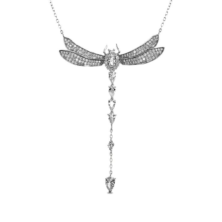 Dangling Cubic Zirconia Dragonfly Necklace in Sterling Silver