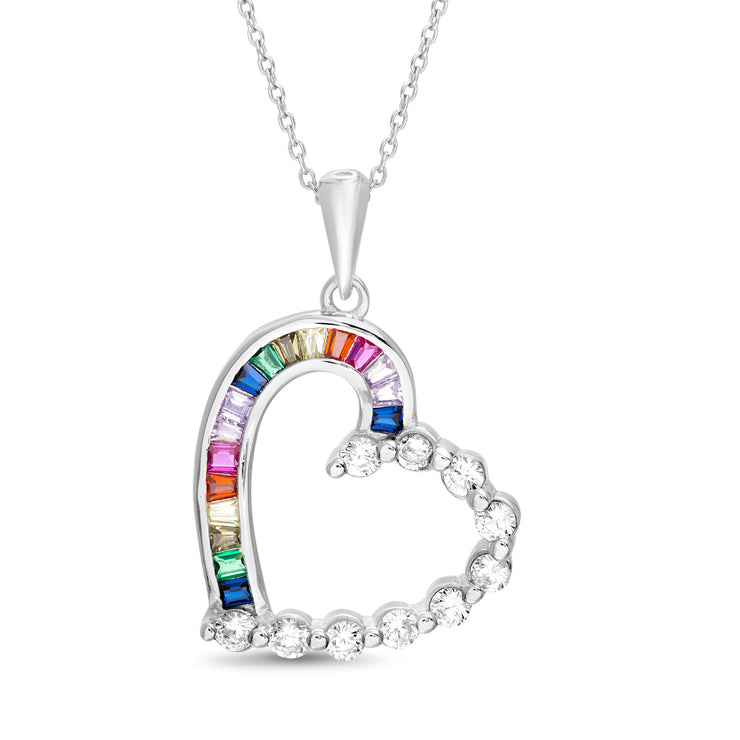Rainbow Cubic Zirconia Sideways Heart Necklace in Rhodium Plated Sterling Silver