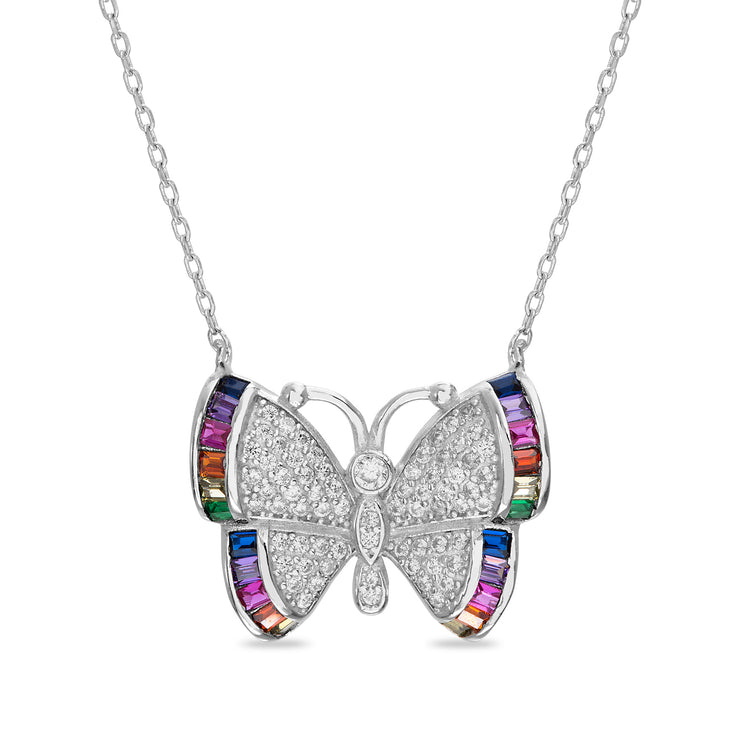 Rainbow Cubic Zirconia Butterfly Necklace in Rhodium Plated Sterling Silver