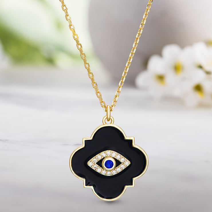 Cubic Zirconia Evil Eye Enamel Quatrefoil Necklace in Sterling Silver