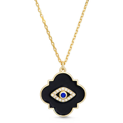 Cubic Zirconia Evil Eye Enamel Quatrefoil Necklace in Sterling Silver