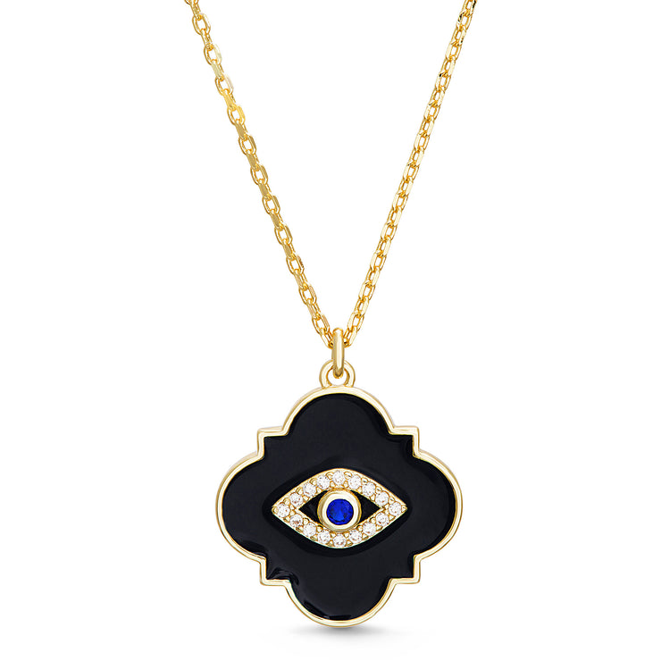 Cubic Zirconia Evil Eye Enamel Quatrefoil Necklace in Sterling Silver