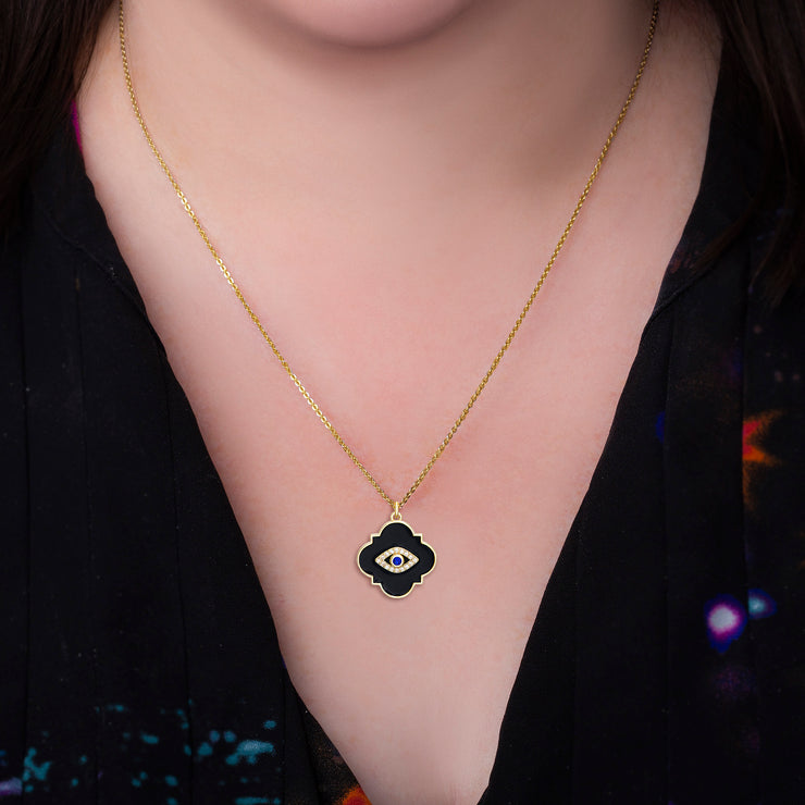 Cubic Zirconia Evil Eye Enamel Quatrefoil Necklace in Sterling Silver