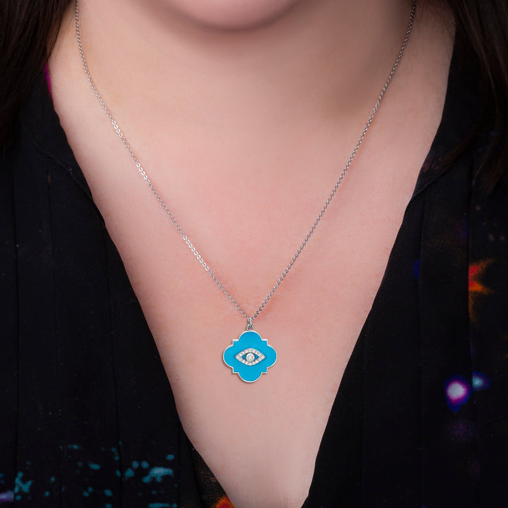 Cubic Zirconia Evil Eye Enamel Quatrefoil Necklace in Sterling Silver