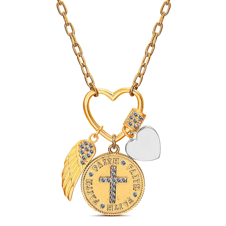 Cubic Zirconia Cross Inspirational Charm Necklace in Two Tone Plated Sterling Silver