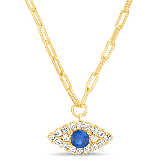 Inspired By You Blue and Clear Cubic Zirconia Evil Eye Paperclip Chain Necklace in Yellow Gold Plated Sterling Silver for Women