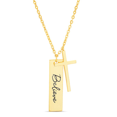 Thin Cross and Believe Bar Cable Chain Necklace in Gold Plated Sterling Silver