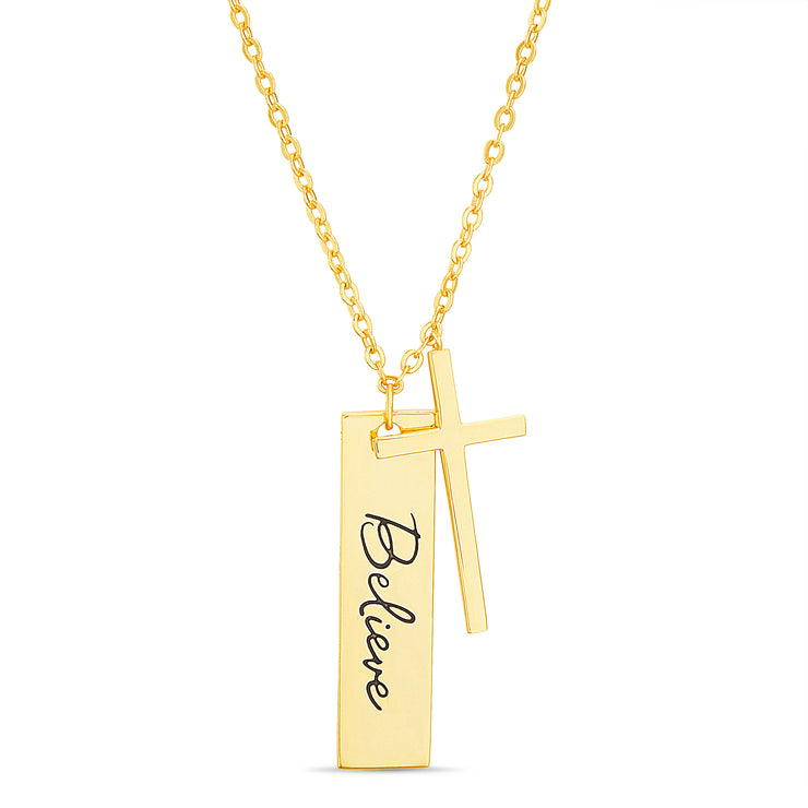 Thin Cross and Believe Bar Cable Chain Necklace in Gold Plated Sterling Silver