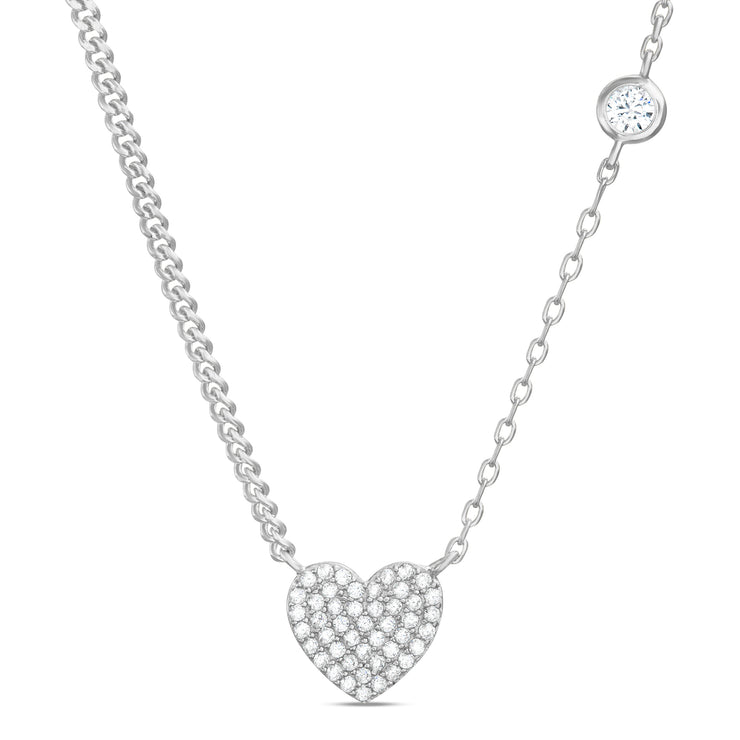 Cubic Zirconia Pave Multi Design Bezel Station with Curb and Cable Chain Necklace in Sterling Silver