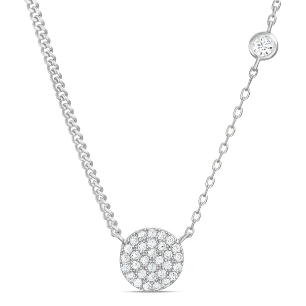 Cubic Zirconia Pave Multi Design Bezel Station with Curb and Cable Chain Necklace in Sterling Silver