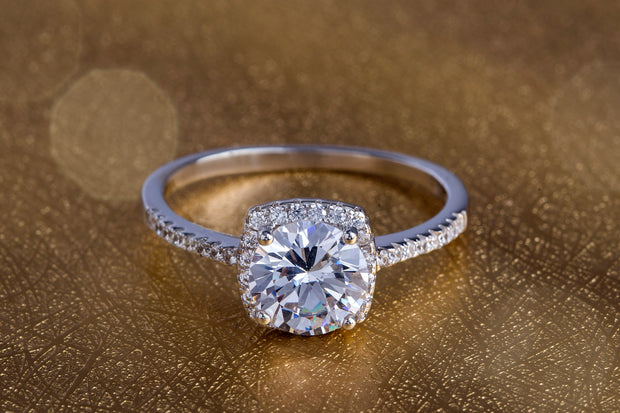 Cushion Shaped Halo CZ Engagement Ring in Rhodium Plated Sterling Silver