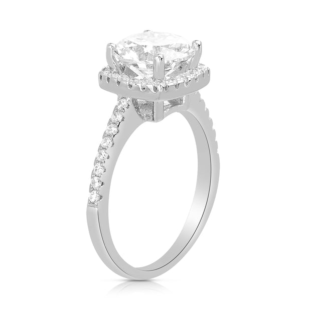 Cushion Shaped Halo CZ Engagement Ring in Rhodium Plated Sterling Silver