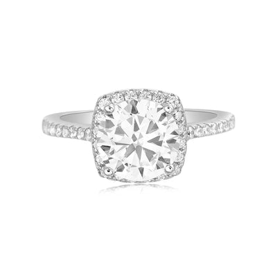 Cushion Shaped Halo CZ Engagement Ring in Rhodium Plated Sterling Silver
