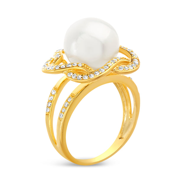 Freshwater Cultured Pearl and Cubic Zirconia Swirl Ring in Yellow Gold Plated Sterling Silver