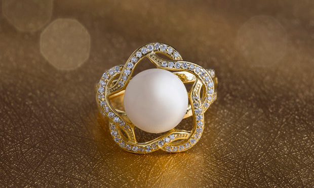 Freshwater Cultured Pearl and Cubic Zirconia Swirl Ring in Yellow Gold Plated Sterling Silver