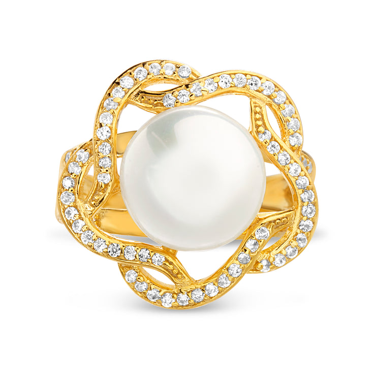 Freshwater Cultured Pearl and Cubic Zirconia Swirl Ring in Yellow Gold Plated Sterling Silver