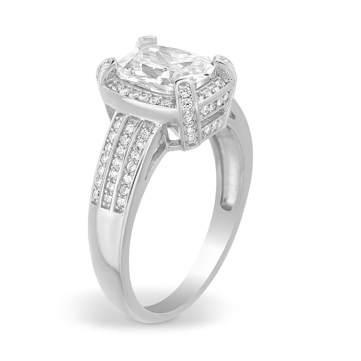 Radiant Cut Cubic Zirconia Halo Engagement Ring in Sterling Silver
