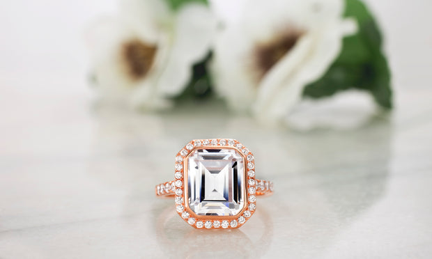Emerald Cut Cubic Zirconia Statement Ring in Rose Gold Plated Sterling Silver