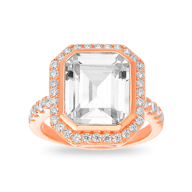 Emerald Cut Cubic Zirconia Statement Ring in Rose Gold Plated Sterling Silver
