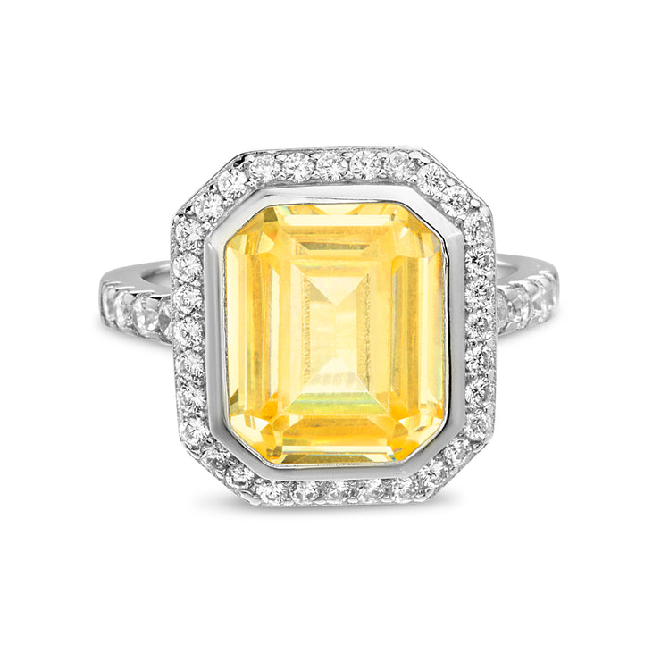 Simulated Yellow Diamond Engagement Ring in Rhodium Plated Sterling Silver