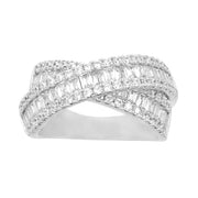 Baguette and Round Cubic Zirconia Crossover Band Ring in Rhodium Plated Sterling Silver