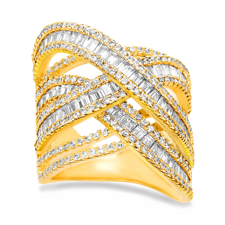Baguette and Round Cubic Zirconia Crossover Band Ring in Sterling Silver