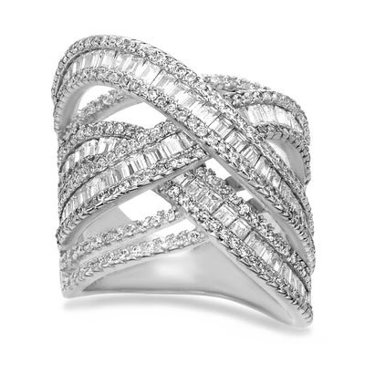 Baguette and Round Cubic Zirconia Crossover Band Ring in Sterling Silver
