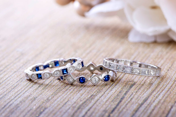 Simulated Blue Sapphire and Cubic Zirconia Antique Style Eternity Band Set in Rhodium Plated Silver