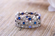 Simulated Blue Sapphire and Cubic Zirconia Antique Style Eternity Band Set in Rhodium Plated Silver