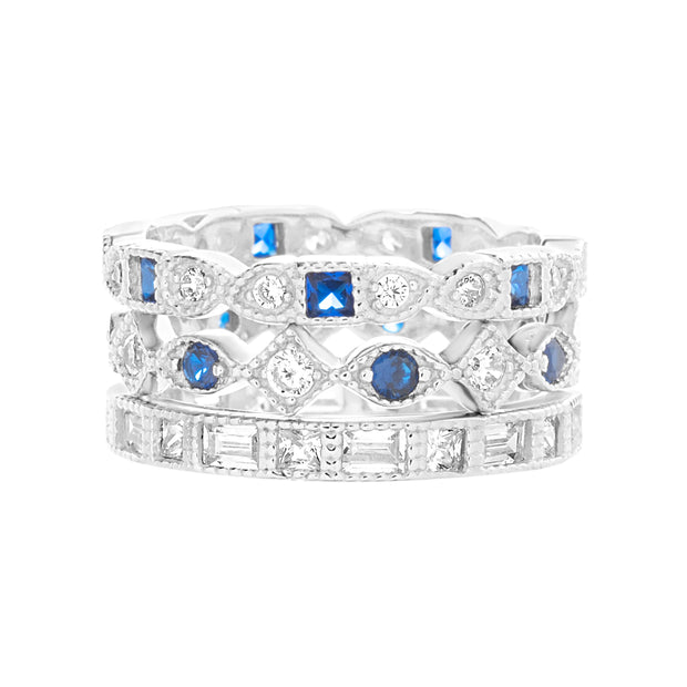 Round and Square Bead Set Simulated Blue Sapphire and Cubic Zirconia Antique Style Eternity Band 3pc Bridal Ring Set for Women in Rhodium Plated 925 Sterling Silver
