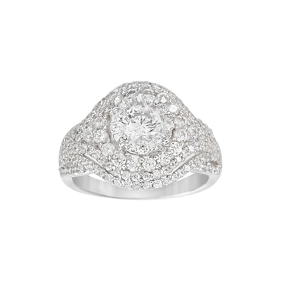Cubic Zirconia Prong Halo Ring in Rhodium Plated Sterling Silver
