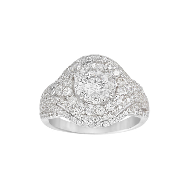 Cubic Zirconia Prong Halo Ring in Rhodium Plated Sterling Silver