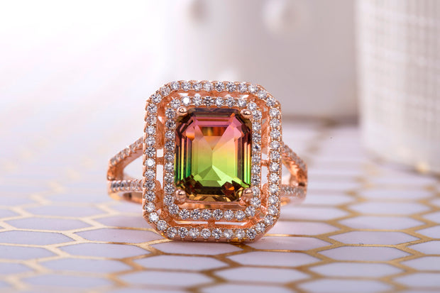 Emerald Cut Simulated Watermelon Tourmaline and Cubic Zirconia Halo Ring in Rose Gold Plated Silver