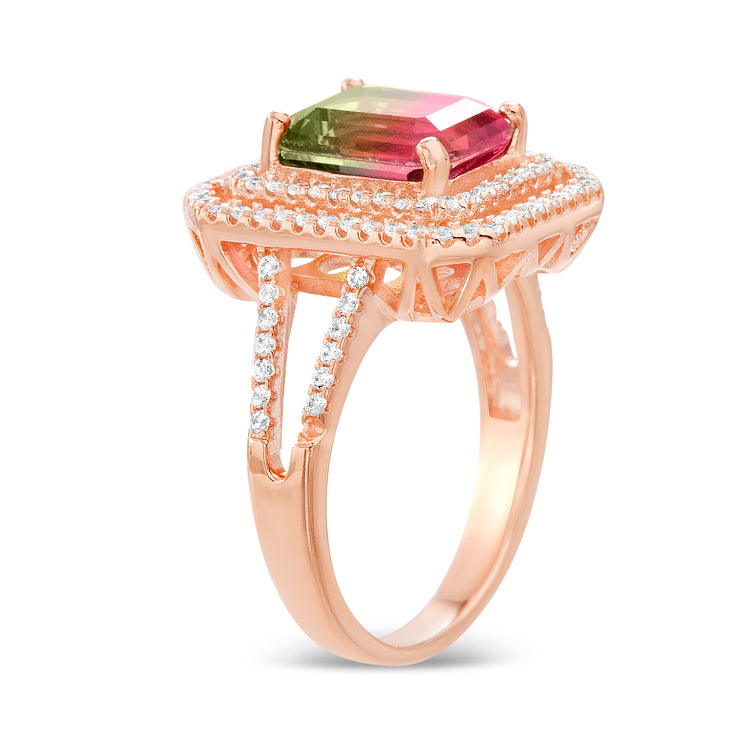 Emerald Cut Simulated Watermelon Tourmaline and Cubic Zirconia Halo Ring in Rose Gold Plated Silver