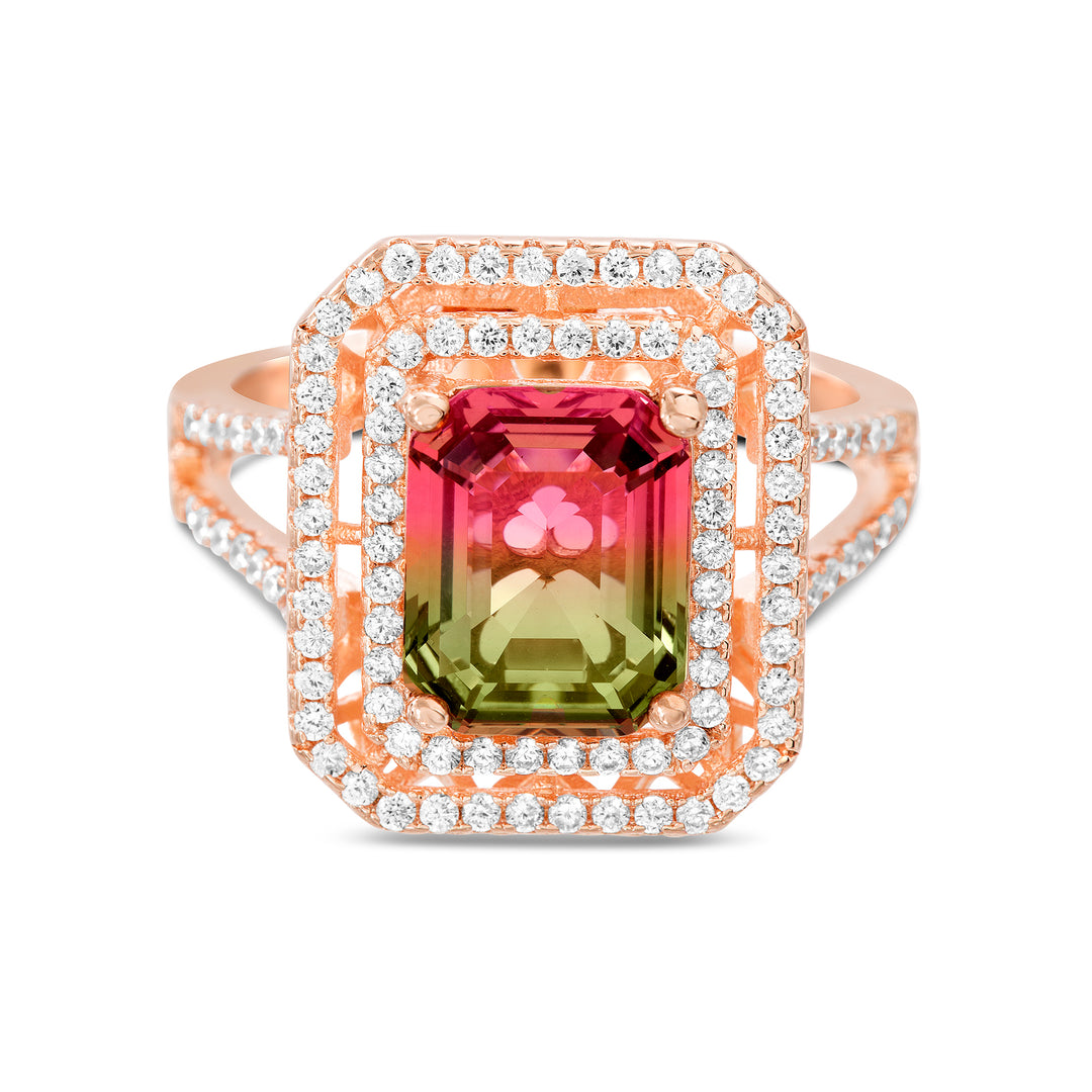 Palm Beach Rose Gold Plated Cluster Ring - Emerald Cut Pink & Purple Cubic Zirconia, Sizes 6-10 - View #11