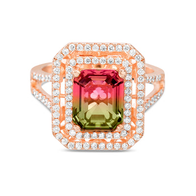 Emerald Cut Prong Set Simulated Watermelon Tourmaline and Round Cubic Zirconia Halo Cocktail Ring for Women in Rose Gold Plated 925 Sterling Silver