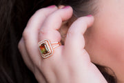 Emerald Cut Simulated Watermelon Tourmaline and Cubic Zirconia Halo Ring in Rose Gold Plated Silver