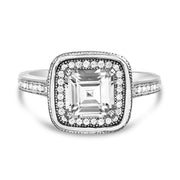 Square Emerald Cut Cubic Zirconia Halo Engagement Ring in Rhodium Plated Sterling Silver