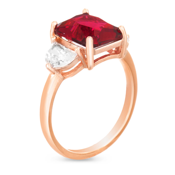 Radiant and Half Moon Shaped Simulated Ruby and Cubic Zirconia Ring in Rose Gold Plated Silver