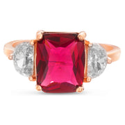 Radiant and Half Moon Shaped Prong Set Simulated Ruby and Cubic Zirconia Cocktail Ring for Women in Rose Gold Plated 925 Sterling Silver