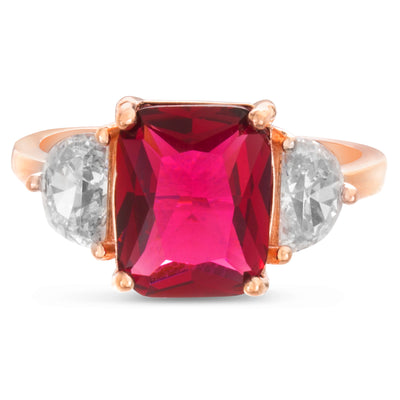 Radiant and Half Moon Shaped Prong Set Simulated Ruby and Cubic Zirconia Cocktail Ring for Women in Rose Gold Plated 925 Sterling Silver