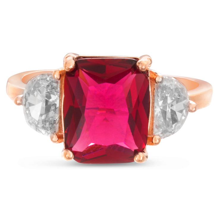 Radiant and Half Moon Shaped Prong Set Simulated Ruby and Cubic Zirconia Cocktail Ring for Women in Rose Gold Plated 925 Sterling Silver