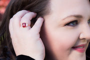 Radiant and Half Moon Shaped Simulated Ruby and Cubic Zirconia Ring in Rose Gold Plated Silver