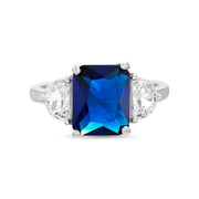 Radiant Cut  Simulated Blue Sapphire and Half Moon Cubic Zirconia Cocktail Ring for Women in Rhodium Plated 925 Sterling Silver