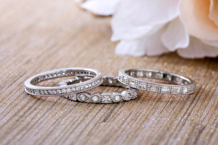 Round Bead Set Cubic Zirconia Antique Style Eternity Band 3pc Ring Set in Rhodium Plated Silver