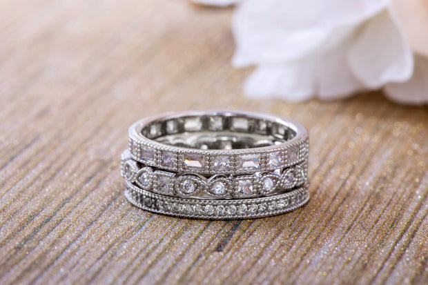 Round Bead Set Cubic Zirconia Antique Style Eternity Band 3pc Ring Set in Rhodium Plated Silver