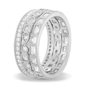 Round Bead Set Cubic Zirconia Antique Style Eternity Band 3pc Ring Set in Rhodium Plated Silver