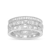 Round Bead Set Cubic Zirconia Antique Style Eternity Band 3pc Bridal Ring Set for Women in Rhodium Plated 925 Sterling Silver