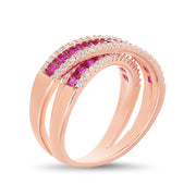 Simulated Ruby and Cubic Zirconia X Bypass Ring in Rose Gold or Rhodium Plated Sterling Silver