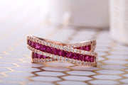Simulated Ruby and Cubic Zirconia X Bypass Ring in Rose Gold or Rhodium Plated Sterling Silver
